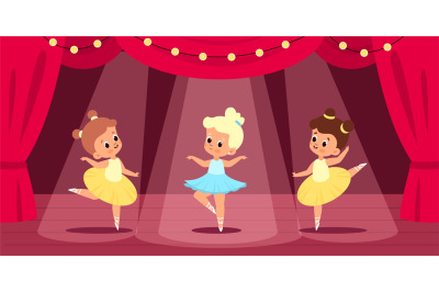 Ballet scene. Little ballerinas perform on stage, red curtain, searchl