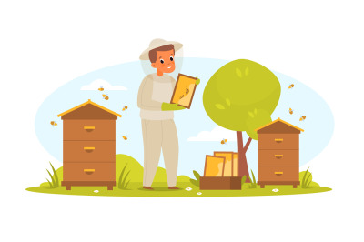 Beekeeper apiarist. Farmer man in protective clothing collects honey i