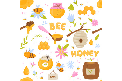 Bees honey seamless pattern. Healthy natural bee products, funny carto