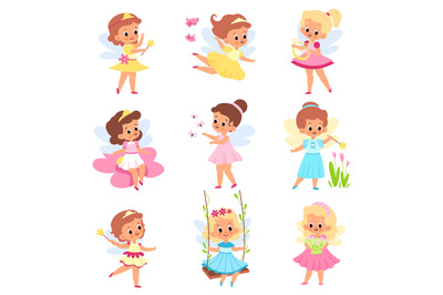 Kids fairies. Beautiful little sorceresses with magical accessories, w