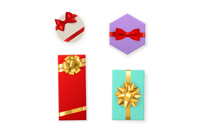 Gift box. Color boxes with red and gold ribbon bow, presents different