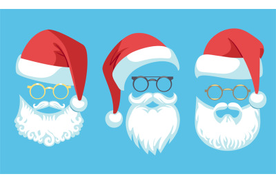 Santa Claus costume. Santa hats, white moustache, beards and glasses.