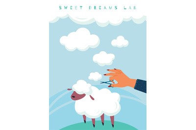 Sheep wool clouds. Sweet Dreams. Person holds scissor in hands and cut