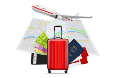 Tourism. Travel banner. Suitcase&2C; map and plane. foreign passport&2C; tic