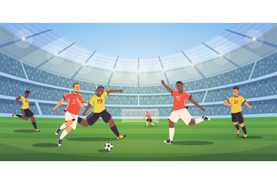 Soccer stadium players. Football match&2C; athletes fighting&2C; kicking bal