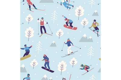 Seamless pattern winter sports. Snowboarders and skiers people, snowy