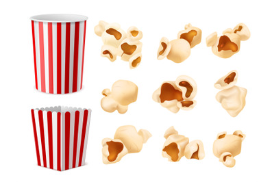 Realistic popcorn. Food packaging, corn flakes paper box and bucket, l