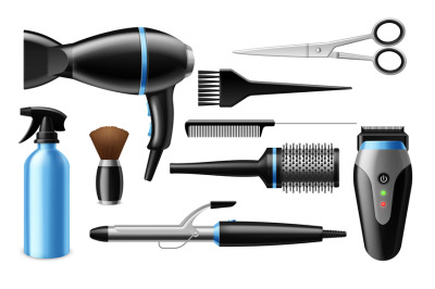 Realistic hairdresser tools. 3D professional salon accessories. Isolat