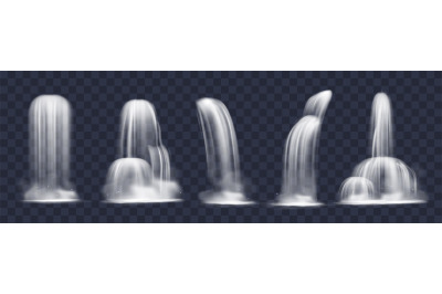 Realistic waterfalls. Isolated simple and cascade aqua flows. 3D natur