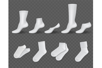 Realistic white socks. Blank classic socks different lengths, long and