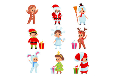 Kids in christmas costumes. Xmas cartoon children, new year holiday ch