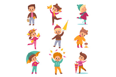 Rainy day children. Kids in warm autumn outdoor clothes, cute boys and