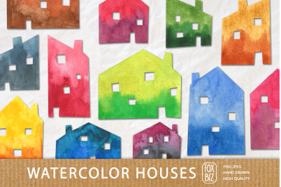 Watercolor hand drawn houses. Cute simple design. Jpeg Png