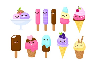 Cute faces ice cream. Kids cartoon characters&2C; summer culinary product