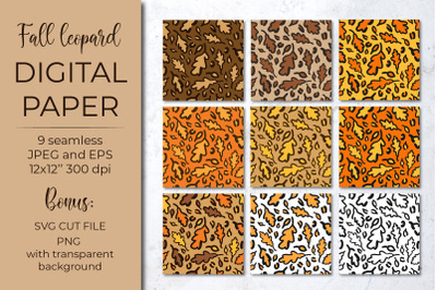 Fall leopard digital paper. Autumn oak leaves leopard print