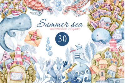 Watercolor nautical sea animals nursery clipart for kids