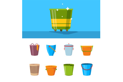 Bucket cartoon. Plastic wooden and metallic empty containers with hand