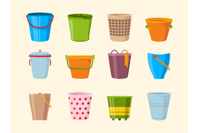 Empty bucket. Metal plastic and wooden buckets collection containers f