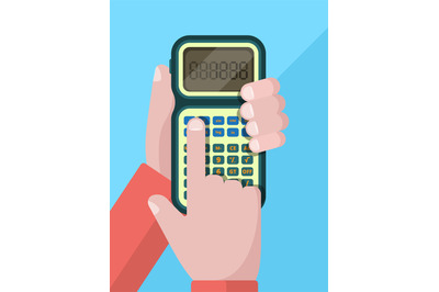 Calculator hand. Businessman holding and using calculator with numbers