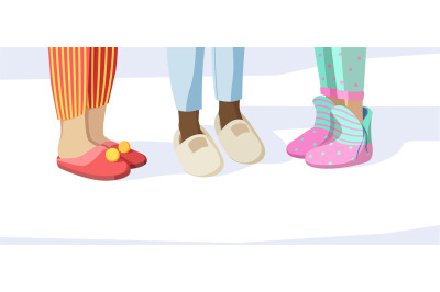 Legs in slippers. Pajama party concept kids in night clothes textile s