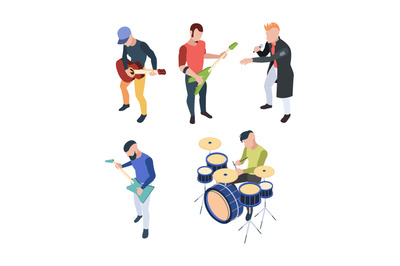 Rock band. Isometric musician people with instruments guitars drum and