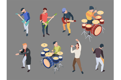 Music band. Isometric characters musicians singers with microphone roc