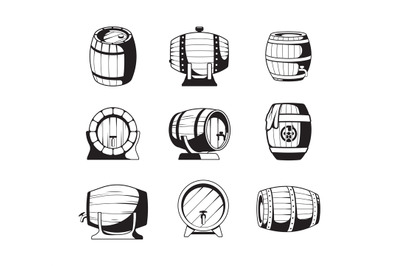 Barrels silhouettes. Wooden barrels symbols for wine or beer business