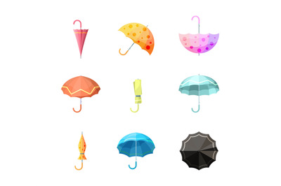 Umbrellas icon. Items protection from autumn rain different views of u