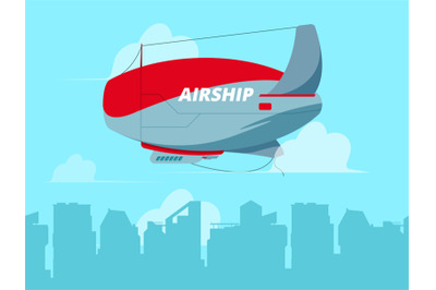 Dirigible in sky. Flying airship in clouds concept travel background i