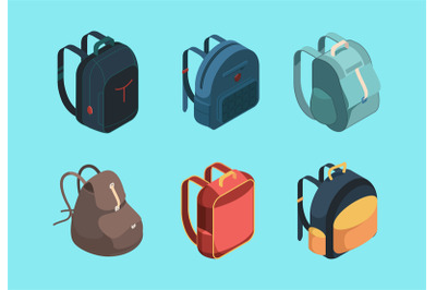 Bag pack isometric. Schoolbag for kids education symbols or baggage fo