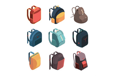 Travel bag pack. Isometric baggage colorful school bags vector illustr