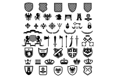 Medieval badges. Heraldic emblems collection with silhouettes of ribbo