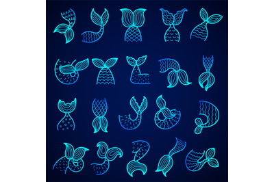 Tails of mermaid. Ocean water symbols drawn tails of fishes scale vect