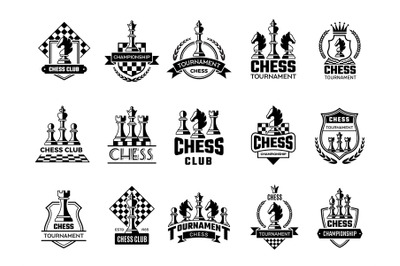 Chess labels. Sport stylized silhouettes of chess figures knight rook