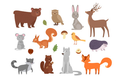 Wood animals. Cute wild characters in forest fox owl bear wolf vector