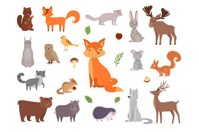 Cute wild animals. Vector forest animals collection fox bear owl vecto