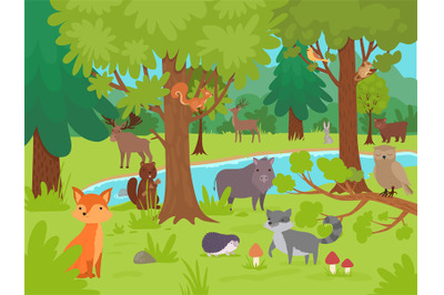 Animals in forest background. Wild cute happy animals living and playi