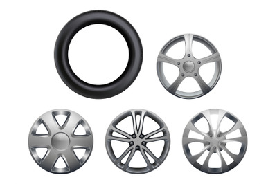 Car rims. Realistic wheels vehicle tyres collection vector closeup pic