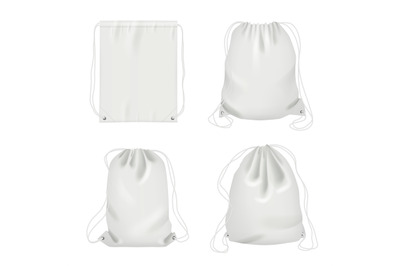 Rope bag. Sport fabric white shoulder drawstring package vector realis