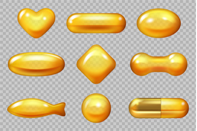 Realistic gold capsule. Dropping yellow capsule for hair natural produ