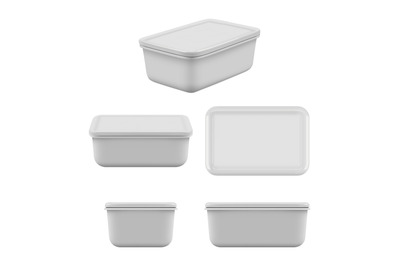 Plastic food container. Mock up empty boxes for caring products kitche