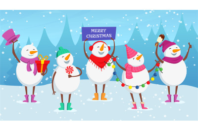 Christmas background. Cute cartoon snowman, new year snowy balls with