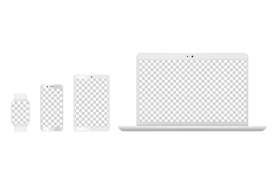 Device mockups. Realistic white laptop&2C; smartphone tables and smart cl