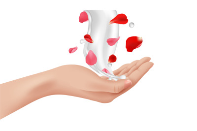 Hand care. Female realistic arm&2C; cream splash with rose flower petals.