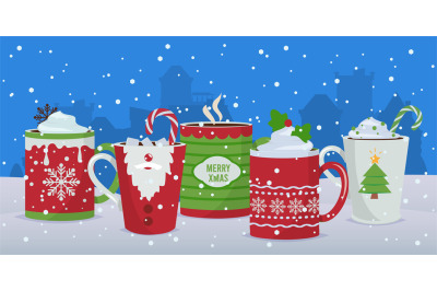 Hot drinks. Winter Christmas mugs background, holiday cocoa coffee cho