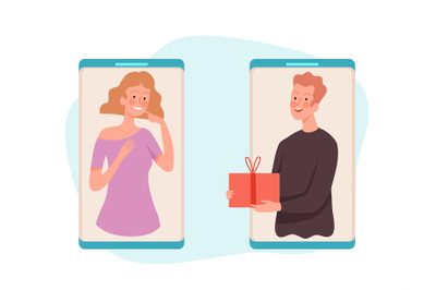 People with gift. Man gives box woman, online present service vector i