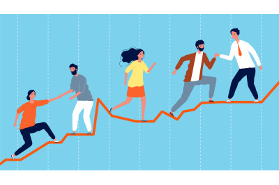 Teamwork. Leadership concept, business team climbing on economic graph