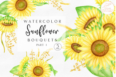Sunflower PNG Clipart. Watercolor Sunflower Bouquets Set