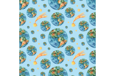 Earth planet watercolor seamless pattern. Space, galaxy, universe