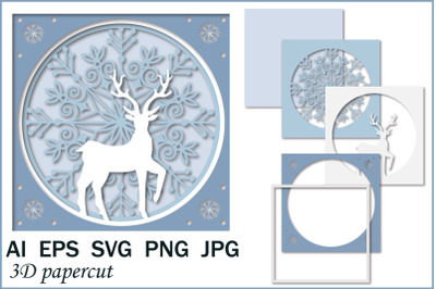 3D greeting card, Christmas deer, multi-layered illustration